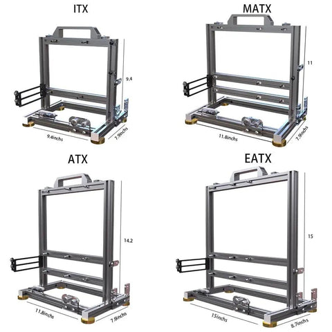 Four Open Frame PC Chassis Aluminum Cases for ATX Motherboards, ITX, MATX, ATX, EATX sizes with unlimited GPU length and airflow design.