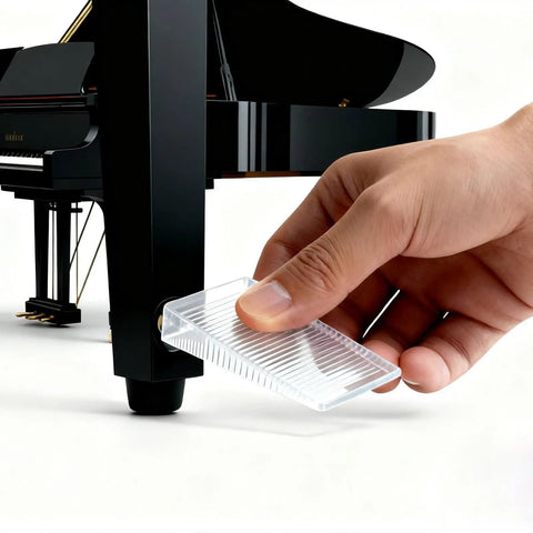 Heavy Duty Clear Plastic Shims And Leveling Wedges For Wobbly Toilets Furniture And Appliances Trim To Fit Stackable Non Slip Stabilizers being inserted under a piano leg.