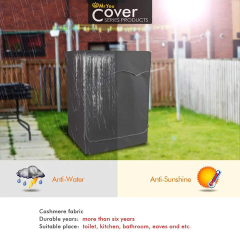 Front-Loading Washer And Dryer Cover With Four-Sided Protection, Heavy-Duty Oxford Fabric, Gray, shown in outdoor rain and sun