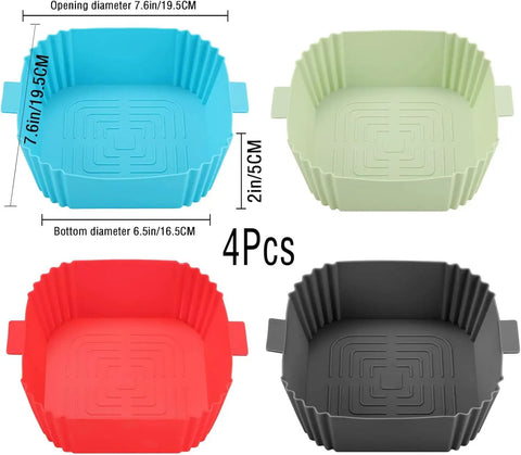 Set of 4 Silicone Air Fryer Liners 7.6 Inch Square Reusable Liners in blue, green, red, grey for 3 to 6 Qt