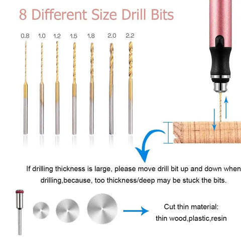 3-Speed Cordless Mini Drill Pen With 8 Small Bits For Jewelry Making And Resin Crafts, Rechargeable Electric Hand Drill Pin Vise Set, Ideal For Resin Plastic Wood Keychains DIY Pink showcasing different bit sizes.