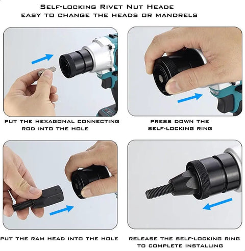 Self-locking rivet nut head installation for Cordless Rivet Nut Gun With Rechargeable 5.0Ah Battery Powers Through Metric Nutserts M4 To M10 Using Auto And Manual Settings Plus Memory Function For A No Sweat Heavy Duty Install Anywhere.