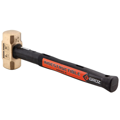 16 Inch Indestructible Brass Striking Hammer 4 Lb With Spring Steel Core Handle And Steel Locking Plates, ergonomic rubber grip