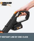 Close-up of 20V Cordless Yard Work Ready Bundle handle with Command Feed feature, demonstrating easy tool switch.