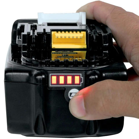 Hand holding 18V LXT 5.0Ah Lithium-Ion Battery With Rapid Optimum Charger Starter Pack showing LED charge level indicator.