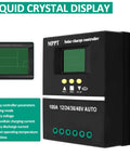 100A MPPT Solar Charge Controller with LCD Display showing system settings and features for off-grid solar systems