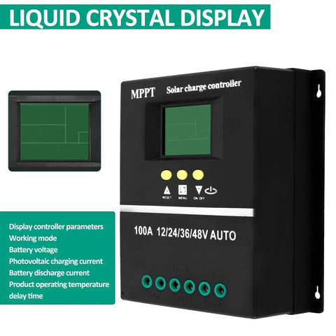 100A MPPT Solar Charge Controller with LCD Display showing system settings and features for off-grid solar systems