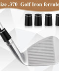 10 Pack.370 Golf Iron Ferrules With Black Body And Silver Ring - Taper Tip Replacement Ferrules shown with golf club