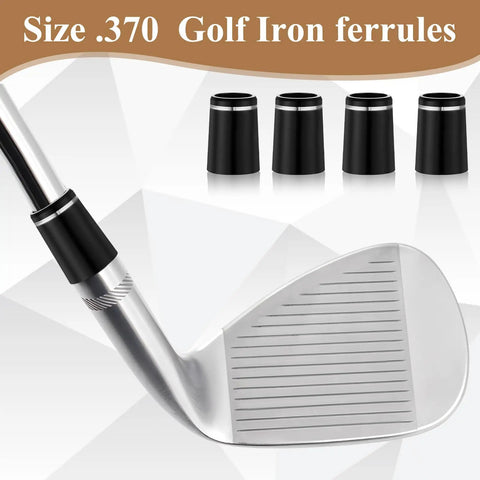 10 Pack.370 Golf Iron Ferrules With Black Body And Silver Ring - Taper Tip Replacement Ferrules shown with golf club