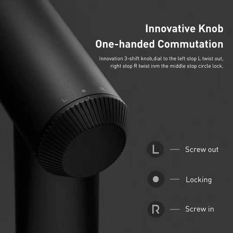 Innovative knob on a cordless screwdriver with USB C charging, easy one piece body, showing screw out, lock, and screw in settings.