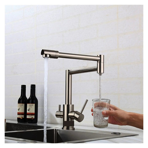GAZOGJ Faucet, Brass Brushed Kitchen Folding Faucet with Pure Water Cold Hot Kitchen Modern Drinking Water 3 Way Filtered Faucet Mixer,Brushed with Hose-D pouring water into a glass.