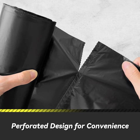Hands tearing a perforated black trash bag from a roll, highlighting the 100 Count 55 To 60 Gallon Black Trash Bags Heavy Duty Tear Resistant And Extra Sturdy Commercial Can Liners For Big Jobs Like Lawn And Leaf Cleanup Outdoor Waste Hauling