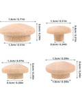 Four sizes of 120Pcs Wooden Screw Hole Plugs for Furniture With Mushroom Head Covers, with dimensions shown, natural wood grain visible.