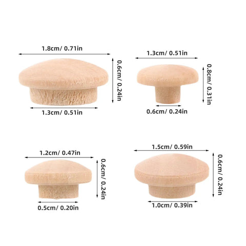 Four sizes of 120Pcs Wooden Screw Hole Plugs for Furniture With Mushroom Head Covers, with dimensions shown, natural wood grain visible.