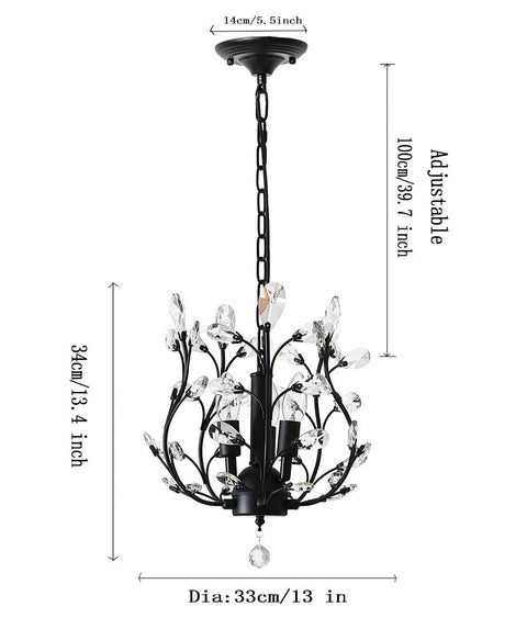 Vintage Style K9 Clear Crystal Chandelier Set Of 3 Pendant Lights For Living Room, Bedroom, Restaurant And Porch In Black Finish, Dimmable With E12 Bulbs, Adjustable 39 Inch Chain, Elegant Ceiling Fixture showing adjustable dimensions.