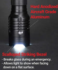 Tactical LED Flashlight With Aluminum Alloy Body, Zoomable Beam, Ultra Bright, showing its striking scalloped bezel on surface.