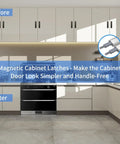 15 Pack Push To Open Cabinet Latch Set Heavy Duty Aluminum Magnetic Touch Release Hardware shown in modern kitchen.