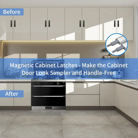 15 Pack Push To Open Cabinet Latch Set Heavy Duty Aluminum Magnetic Touch Release Hardware shown in modern kitchen.