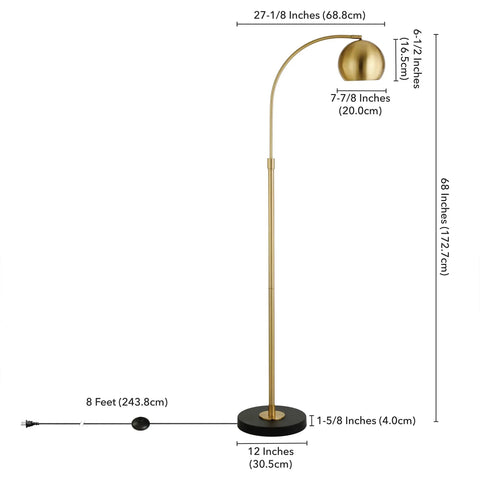 Arc Floor Lamp In Brass And Blackened Bronze For Living Room Bedroom Office And Dining Areas With Adjustable Head Two Tone Modern Pharmacy Style, dimensions shown