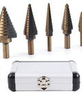 Heavy Duty Pro Grade Cobalt Step Drill Bit Set 5 Piece With Aluminum Case For Metalworking HSS Titanium Coated High Speed Bits Deliver Sharp Cuts Across 50 Hole Sizes By Yesland