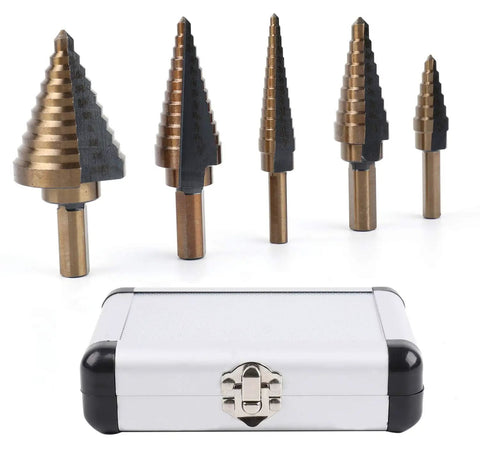 Heavy Duty Pro Grade Cobalt Step Drill Bit Set 5 Piece With Aluminum Case For Metalworking HSS Titanium Coated High Speed Bits Deliver Sharp Cuts Across 50 Hole Sizes By Yesland