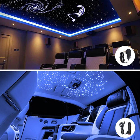 16W RGBW Fiber Optic Star Ceiling Light Kit With 460 Fiber Strands showcased in home theater and car interior