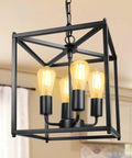 Four Light Black Farmhouse Chandelier with Iron Lantern Pendant Light Rustic Cage and Totally Adjustable Height Industrial E26 Base Hanging Fixture
