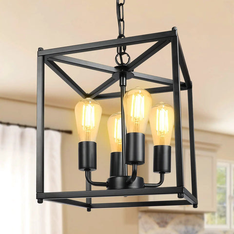 Four Light Black Farmhouse Chandelier with Iron Lantern Pendant Light Rustic Cage and Totally Adjustable Height Industrial E26 Base Hanging Fixture