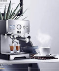 Make Every Shot Hit Different With This Professional 15 Bar Semi Automatic Espresso Machine Including A Sleek Milk Frother And Helpful Cup Warmer For Top Tier Home Brewing with two espresso shots and steam.