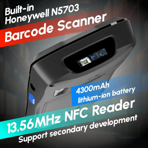 Close-up of Rugged Android 12 Barcode Scanner with 1D 2D and QR Scan NFC Reader, showcasing barcode scanner lens and NFC reader details.