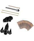 Floor Squeak No More Fix Kit For Hardwood And Carpet Floors With Silent Floor Technology, Easy DIY Install, 5 Tools And 50 Notch Screws For Tight Joist Connection And Lasting Quiet Floors. kit tools and screws on white background