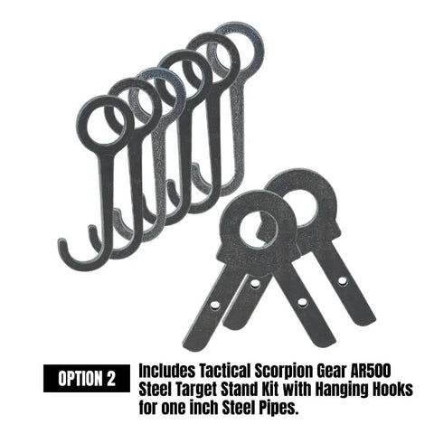 Tactical Scorpion Gear AR500 steel target stand kit with hanging hooks, option 2, for one-inch steel pipes setup.
