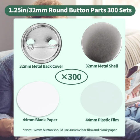 Killer 300 Sets 1.25 Inch Button Maker Supplies Featuring 32 Mm Pinback Parts With Hella Solid Metal Backs Durable Plastic Shells Card Blanks Plus Clear Films 32mm button parts display.