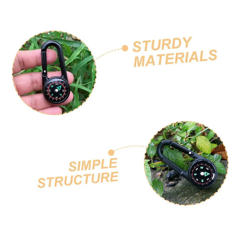 Portable Double Sided Hiking Compass With Carabiner Pocket Sized Mini Outdoor Navigation Tool showcasing sturdy materials.