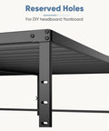 Reserved holes on Sleek Queen Platform Bed Frame for DIY headboard, showcasing durable metal construction.
