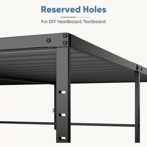 Reserved holes on Sleek Queen Platform Bed Frame for DIY headboard, showcasing durable metal construction.