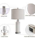 Set of 2 Modern Touch Table Lamps for Living Room and Bedroom, showing linen shade, ceramic base, USB ports, and socket details.