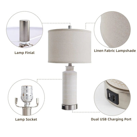 Set of 2 Modern Touch Table Lamps for Living Room and Bedroom, showing linen shade, ceramic base, USB ports, and socket details.
