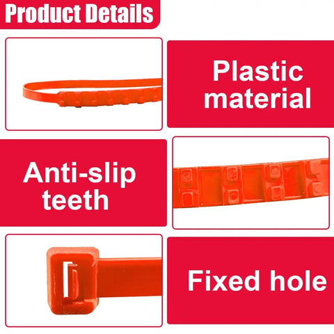 Heavy Duty 12 Piece Adjustable Snow Chains For Cars And Trucks Rust Free Plastic Tire Traction Straps No Sweat Setup Winter Grip Anti Slip Recovery Loops Ready To Roll Vibrant Orange showing anti-slip teeth and fixed hole details.