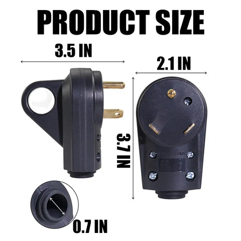 Hardworking 30 Amp Male Rv Replacement Plug With 125V Pull Handle And Strain Relief dimensions: 3.5x3.7x2.1 inches, heavy duty ABS construction.