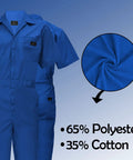 Men's Royal Blue Short Sleeve Coveralls Heavy Duty Poly-Cotton Workwear fabric showing 65% polyester 35% cotton blend.