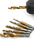 Pro Grade 6 Piece Drill and Tap Set With HSS Titanium Bits for NC Threads shown with quick change hex shank in drill