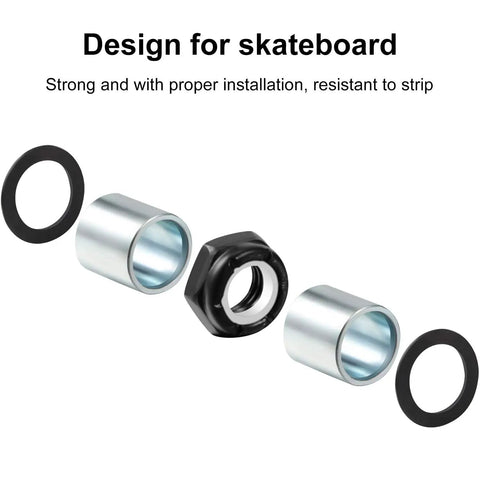 Skateboard Truck Hardware Kit With 8 Spacers 8 Axle Nuts And 40 Speed Rings For Skateboard And Longboard components, including spacers and nut.