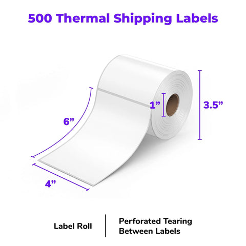 Direct Thermal Shipping Labels 4x6 Roll, 500 Perforated Labels With Strong Adhesive, rolled label dimensions shown