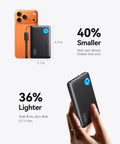 Compact 10000mAh Power Bank Featuring 45W Fast Charging Portable Charger size comparison with smartphone for travel.