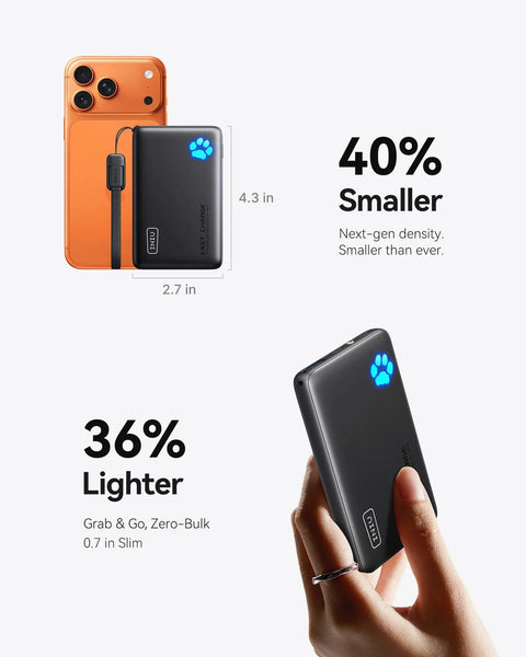 Compact 10000mAh Power Bank Featuring 45W Fast Charging Portable Charger size comparison with smartphone for travel.