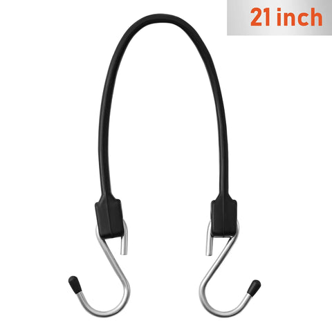 Close-up of 21-inch rubber bungee cord with metal hooks, unrelated to 10 Pack 10 Inch Rubber Bungee Cords With Hooks EPDM Tie Down Straps Outdoor