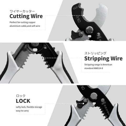 Close-up view of Pro Grade All In One Wire Cutters And Stripper For Pros 8 Inch Heavy Duty Cable Cutters with cutting and stripping features.