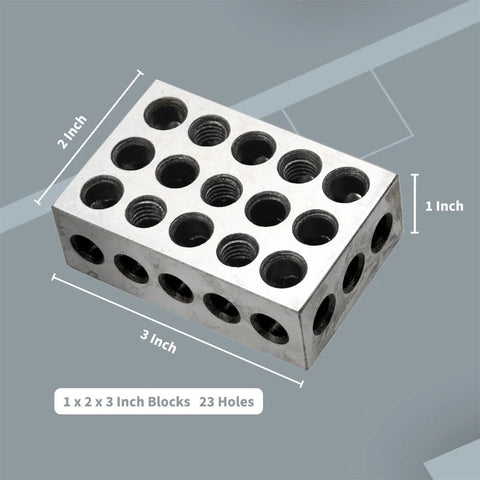 1x2x3 inch precision-ground tool steel block with 23 holes, angled front view