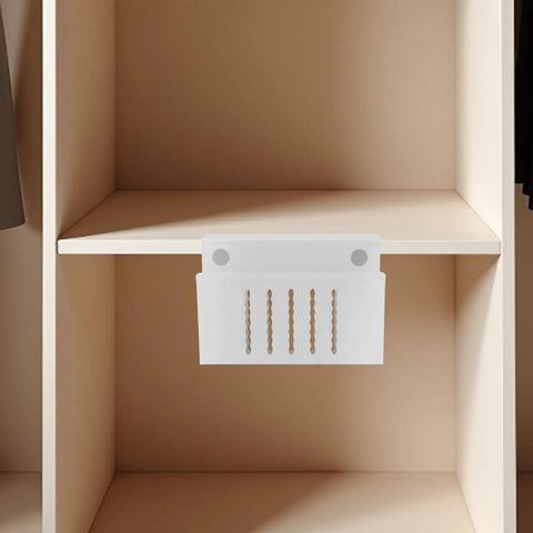 Clamp On White Steel Laptop Stand With Ventilated Cooling Fan And Sleek Cable Routing For Under Desk Mount Quick No Drill Installation displayed in minimal shelving.